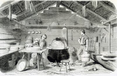 Herstellung von Gruyère-Käse in einem Schweizer Chalet oder einer Käserei in den Alpen - in „Die Wunder der Industrie“ von Louis Figuier von Unknown artist