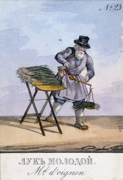 Mann, der Zwiebeln auf einer an seinem Gürtel hängenden Waage wiegt. Illustration des 19. Jahrhunderts. Gravur des 19. Jahrhunderts von Unknown artist