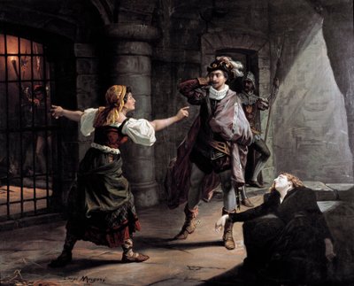 Manrico und Azucena sind im Turm des Aliaferia-Palastes eingesperrt, Leonora versucht, sie zu retten. Illustration für „Il trovatore“ von Giuseppe Verdi. Lithografie um 1880. Private Sammlung von Unknown artist