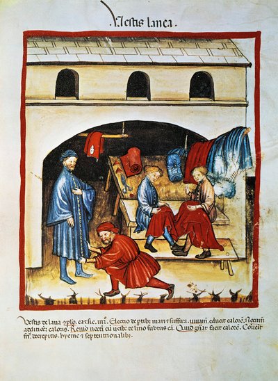 Herstellung und Verwendung von Wollkleidung: Zwei Personen stellen Kleidung her, während eine andere einen langen Mantel anprobiert von Unknown artist