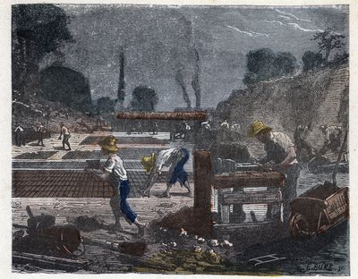 Herstellung eines Ziegels im 19. Jahrhundert: der Formarbeiter füllt seine Form mit Tonpaste, dann legt der Lehrling den Ziegel auf den Boden, um ihn zu trocknen. Gravur Ende des 19. Jahrhunderts. von Unknown artist