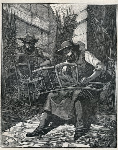 Herstellung von Stühlen: Stuhlgeflecht und -bespannung. Gravur von 1885 in „Les arts et métiers illustrés“ von Adolphe Bitard. von Unknown artist