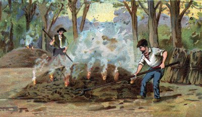 Holzkohleherstellung, Verbrennungsofen. Chromolithographie aus dem späten 19. Jahrhundert. von Unknown artist