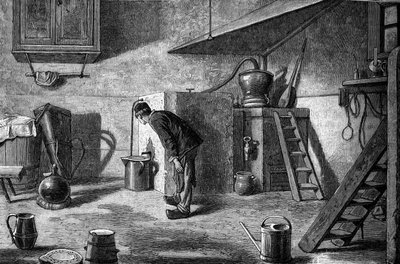 Herstellung von Kirsch: Destillation, Schloss Isenberg im Elsass. Gravur in „Le Journal de la jeunesse“ von Unknown artist