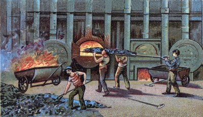 Herstellung von Leuchtgas, Cornu Delutor. Chromolithographie Ende des 19. Jahrhunderts von Unknown artist