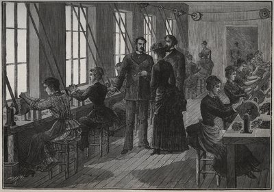 Herstellung von Metallfedern: Schärfwerkstatt in Frankreich im 19. Jahrhundert. Gravur von 1885 in „Les arts et metiers illustres“ von Adolphe BITARD von Unknown artist