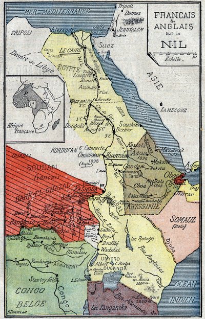 Karte der von Franzosen und Engländern entlang des Nils kolonisierten afrikanischen Gebiete. Illustration in „Le Pelerin“ vom 2. Oktober von Unknown artist