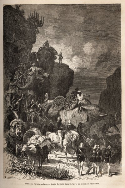 Marsch der englischen Armee zum Dalanta-Plateau, den Truppen von Kaiser Theodoros (ca. 1818-1868) folgend, mit Elefanten für den Transport von Artilleriestücken. Gravur zur Illustration der Geschichte "Les captifs de Theodoros", von Doktor Henry Blanc von Unknown artist