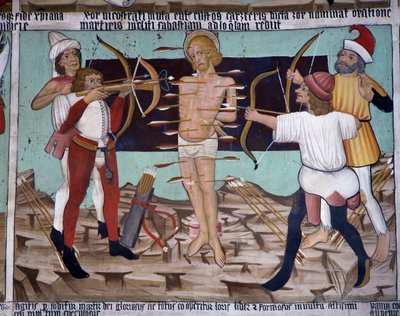 Martyrium des heiligen Sebastian, Leben des heiligen Sebastian (15. Jahrhundert), Fresken, Kapelle des heiligen Sebastian, Villard-de-Lans, Rhone-Alpes, Frankreich von Unknown artist