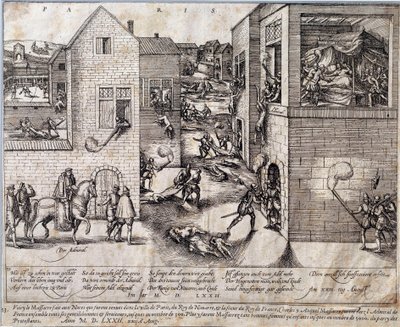 Massaker der Heiligen Bartholomäusnacht in Paris in der Nacht vom 24. August 1572. Gravur des 16. Jahrhunderts. Pau, Musée Du Château von Unknown artist