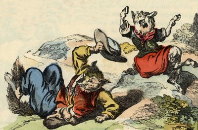 Meister Fuchs spielt mit Little Goat. Illustration des Märchens „Bon Medor und Little Chevrette“. In „Märchen aus dem Heim für die Kleinen“. Anonyme Gravur des 19. Jahrhunderts. von Unknown artist