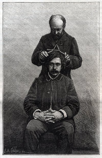 Messungen der maximalen Kopfbreite durch die Polizeipräfektur nach den Methoden von Alphonse Bertillon (1853-1914), bekannt als „Bertillonage“. Gravur in „La Nature“ von Unknown artist