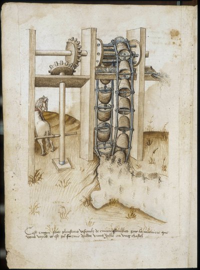 Mechanisches System mit einem Rad, das durch Pferdekraft angetrieben wird, um die Erde zu graben - Manuskript: Pergamentblatt aus einem Ingenieurshandbuch für den Bau ziviler, religiöser und militärischer Gebäude, anonym, Ende des 15. Jahrhunderts (Figur i von Unknown artist