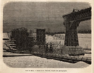 Meta-Brücke (Ukraine), im Bau. Gravur zur Illustration von La Russie libre, von William Hepworth Dixon, 1869, veröffentlicht in „Le tour du monde“ 1872, herausgegeben von Edouard Charton, Hachette-Ausgabe, Paris. Selva-Sammlung von Unknown artist