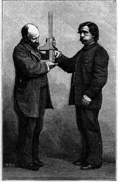 Methode zur Identifizierung der Schrift: Messung des Mittelfingers mit einem Schiebekompass. Gravur in „La Nature: revue des sciences et de leurs applications aux arts et a l