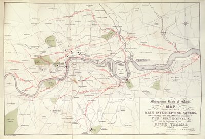 Karte des Metropolitan Board of Works von Bazalgettes Plan für die Linien der Hauptabfangkanäle, gebaut für die verbesserte Entwässerung der Metropole von Unknown artist
