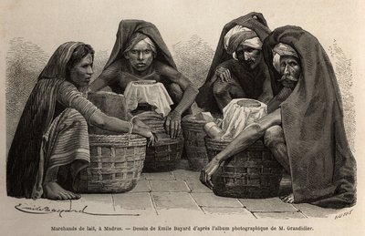 Milchhändler in den Straßen von Madras (heutiges Chennai, Tamil Nadu). Gravur zur Illustration der Reise in die südlichen Provinzen Indiens, von Alfred Grandidier, 1862-1864, veröffentlicht in „le tour du monde“, unter der Leitung von D