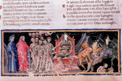 Minos richtet die Vergehen und entsendet die Seelen (Gesang 5 der Hölle, in der Göttlichen Komödie) - Miniatur von Unknown artist