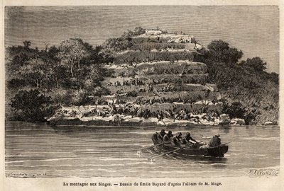 Affenberg, entlang des Senegal-Flusses, kurz nach den Gouina-Fällen (Mali). Gravur zur Illustration der Reise von Leutnant Mage im westlichen Sudan zwischen 1863 und 1866, veröffentlicht in „Le tour du monde, nouveau journal des voyages“ von Unknown artist