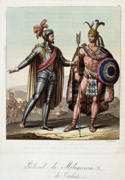 Montezuma II., Aztekenkönig, und Hernan (oder Hernando) Cortes oder Fernand Cortez (1485-1547), spanischer Konquistador - in „Das alte und moderne Kostüm“ von Ferrario, ed. Mailand von Unknown artist
