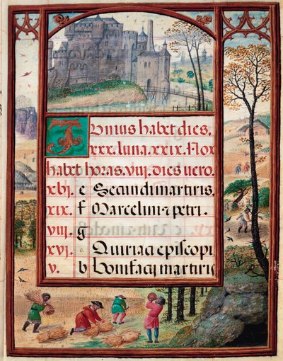 Monat Juni: Landschaft und Ernten. Bauern bei der Arbeit. Seite des Manuskripts „Stundenbuch“ von Manuel I. von Portugal von Unknown artist