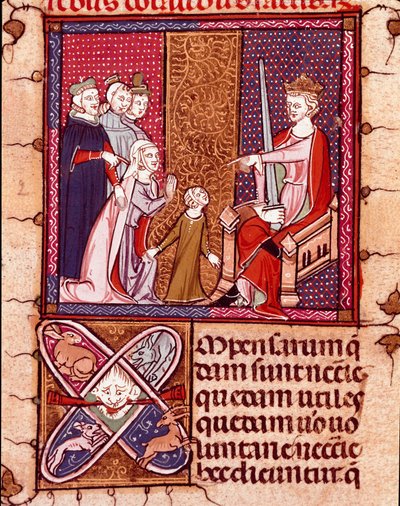 Mutter und Kind erscheinen vor einem König, Vertreter der Gerechtigkeit. Miniatur aus „Justiniani in Fortiatum“ von Unknown artist
