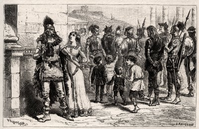 Bewegt von diesem traurigen Anblick, bittet Theodechilde oder Thichilde (Tochter von Thierry I.) (gestorben 534) um das Leben und die Freiheit des Gefangenen - Gravur in „Les Femmes Illustres De La France“ von Oscar Havard - 1886 von Unknown artist