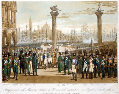 Napoleon I in Venedig am 29. November 1807 vor der italienischen Marine. Gravur von 1845 von Unknown artist