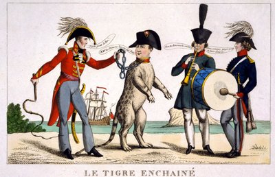 Napoleon I. in einem angeketteten Tiger, gehalten von einem britischen Offizier mit einer Peitsche. Russland und Österreich spielen daneben Musik. Karikatur 1815. von Unknown artist