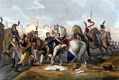 Napoleon I. verwundet vor Regensburg am 23. April 1809. Gravur des 19. Jahrhunderts von Unknown artist