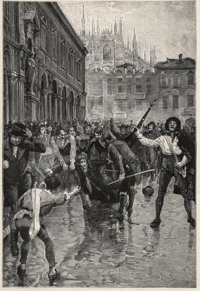 Napoleons Abdankung löst Unruhen in Mailand aus, und Giuseppe Prina, der unbeliebte Finanzminister, wird durch die Straßen geschleift und schließlich von der Menge auf der Piazza San Fedele in Mailand am 20. April getötet von Unknown artist