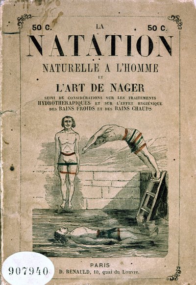 Natürliches Schwimmen mit Mann und die Kunst des Schwimmens, und Überlegungen zu Hydrotherapie-Behandlungen und der hygienischen Wirkung von kalten und heißen Bädern - Frontispiz, spätes 19. Jahrhundert von Unknown artist