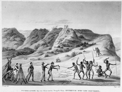 Neuholland, Bucht der Meereshunde, Peron-Halbinsel: Begegnung mit den Indianern (Begegnung zwischen Aborigines und Siedlern) - Gravur, Anfang 19. Jahrhundert von Unknown artist