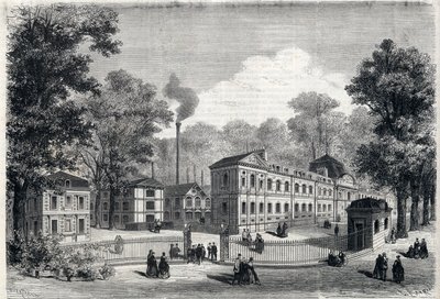 Neues Gebäude der kaiserlichen Porzellanfabrik in Sevres im Jahr 1868. Gravur in „L