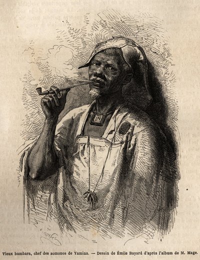 Alter Bambara, Stammeshäuptling in Yamina (Niger), raucht die Pfeife und trägt die traditionelle Häuptlingsbedeckung seines Stammes. Gravur zur Illustration der Reise nach Westsudan von Leutnant (Marine) M.Mage, 1863-1866, veröffentlicht in „Le tour du mon von Unknown artist