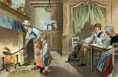 Alte Tradition im Berry: Kerzenpfannkuchen. Chromolithographie aus dem späten 19. Jahrhundert. von Unknown artist