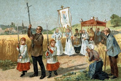 Alte Tradition im Berry: die Prozession im Weizen. Religiöses Fest. Chromolithographie aus dem späten 19. Jahrhundert. von Unknown artist