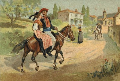 Alte Tradition in der Provence: Die Versammlung der Camarguais. Chromolithographie aus dem späten 19. Jahrhundert. von Unknown artist