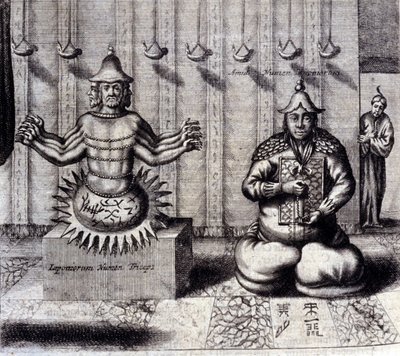 Links, hinduistische Gottheit mit acht Armen, rechts Amida, japanischer Buddha. „De China Monumenta“ von Athanasius Kircher (1601 - 1680), Jesuit, Orientalist und deutscher Gelehrter, Amsterdam 1667. von Unknown artist