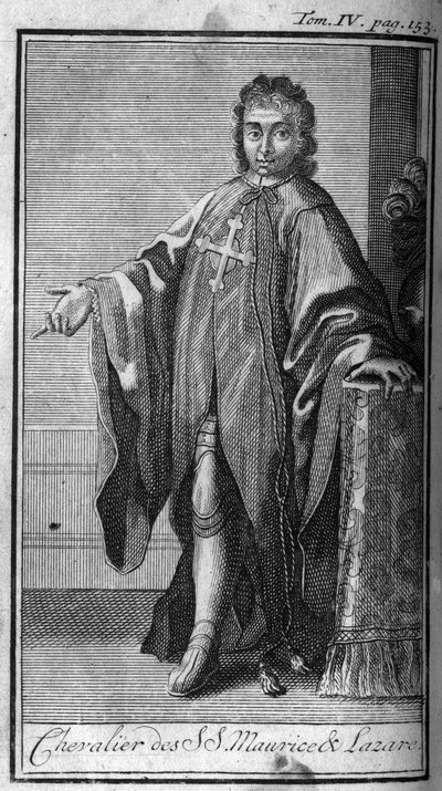 Ritterorden. Ritter von St. Mauritius und Lazarus in Savoyen im 16. Jahrhundert. In "Geschichte der militärischen Orden oder Ritter, der säkularen und regulären Milizen beider Geschlechter, die bisher gegründet wurden. Ausgabe von Abbe Giustiniani, R.P. Bo von Unknown artist