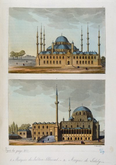 Osmanisches Reich: Blaue Moschee (oder Sultan-Ahmed-Moschee) erbaut von Sultan Ahmed I. und Laleli-Moschee in Istanbul - in „Das alte und moderne Kostüm“ von Ferrario, hrsg. Mailand von Unknown artist