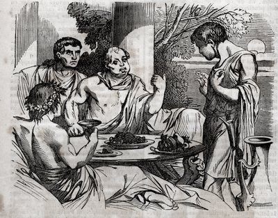 Freiluftbankettszene - Vitellius (Aulus Vitellius Germanicus Imperator Augustus), römischer Kaiser (15-69), gibt ein Fest - Gravur in „The Universal Health - Medical Guide for Families“ 1852 von Unknown artist