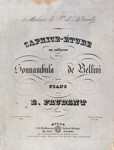 Seite der Noten für ein Caprice-Studie für Klavier von Emile Prudent basierend auf La sonnambula von Vincenzo Bellini von Unknown artist