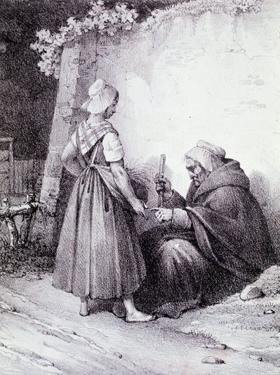 Wahrsagerei: Eine alte Wahrsagerin liest die Hand eines jungen Mädchens (Gravur) von Unknown artist