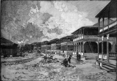 Panamakanal. Straße der neuen Stadt Christoph Kolumbus in Colon: Arbeiterwohnungen. Gravur in „Le Monde Illustré“. von Unknown artist