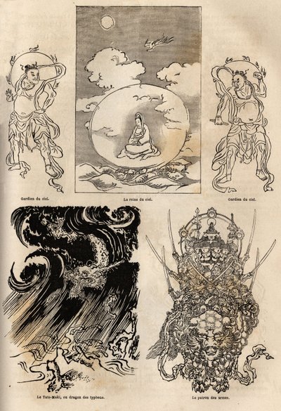 Pantheon der japanischen Gottheiten, traditionelle Darstellung einiger typischer Figuren: die Himmelskönigin flankiert von zwei Wachen; der Maki Tats, Drache des Taifuns und der Waffenmeister. Gravur zur Illustration der Reise nach Japan in den Jahren 1863 von Unknown artist