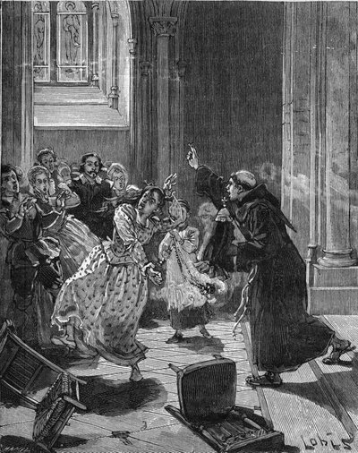 Paris, Kirche Sainte Genevieve (Sainte-Genevieve) (1599): Ein Kapuzinermönch versucht, eine Frau, Martha, die behauptet, vom Teufel besessen zu sein, zu exorzieren. Gravur des 19. Jahrhunderts. In „Histoire de France“ von Jules Michelet von Unknown artist