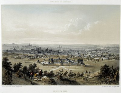 Paris im Jahr 1620, Gesamtansicht von der Butte Chaumont - Lithografie von Unknown artist
