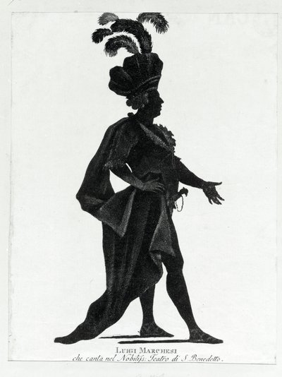 Auftritt des italienischen Kastraten Luigi Marchesi (1754 - 1829), auch bekannt als Marchesini, im Theater von San Benedetto. von Unknown artist