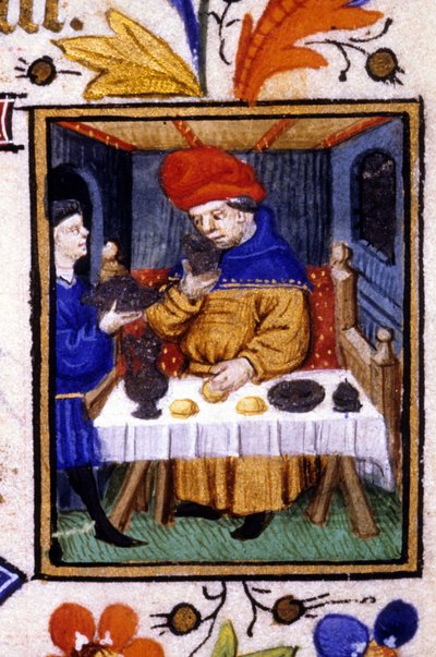 Darstellung des Monats Januar. Ein Diener stellt Essen auf den Tisch seines Herrn. Miniatur eines Manuskripts aus dem 14. Jahrhundert. von Unknown artist